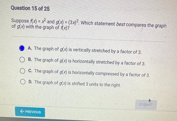 Question 15 of 25Suppose f(x) = x2 and g(x) = (3x)2. Which statement best compares-example-1