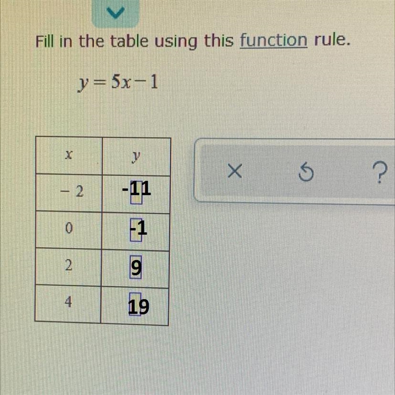 Fill in the table using this function rule. y=5x-1-example-1