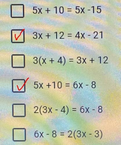 Check off all of the equations that would give one solution-example-2