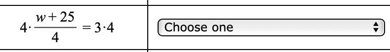 The equation, w+25/4=3 is solved in several steps below.For each step, choose the-example-2