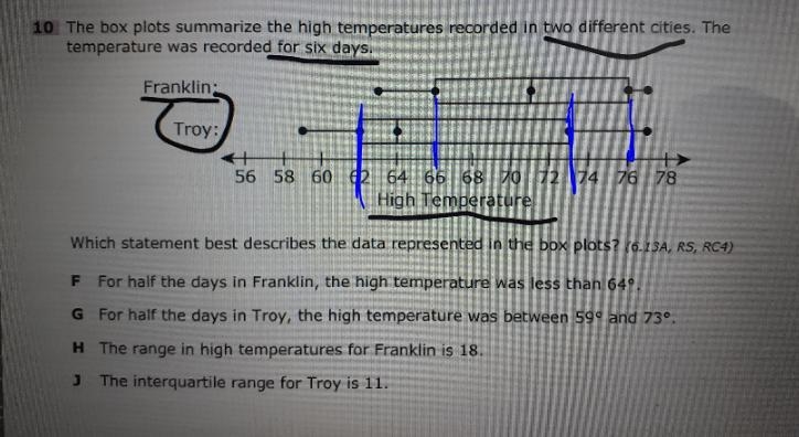 10 The box plots summarize the high temperatures recorded in two different cities-example-1