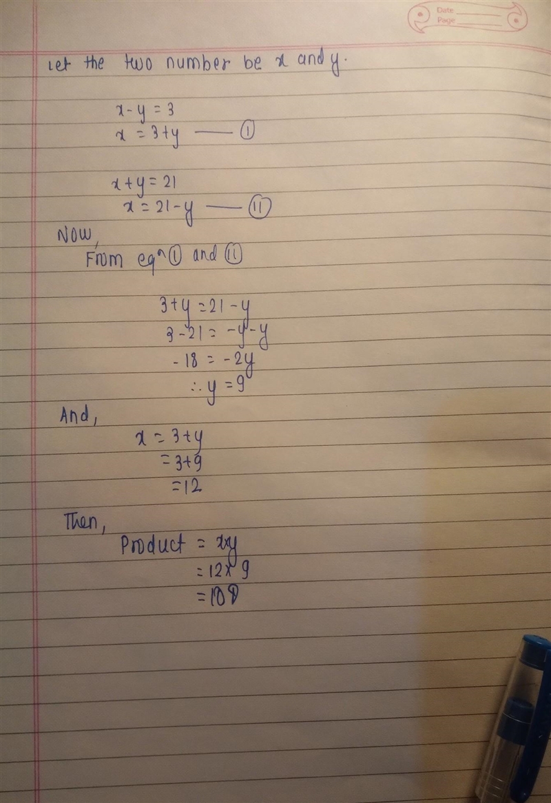 The difference between two numbers is 3. the sum of the two numbers is 21. what is-example-1