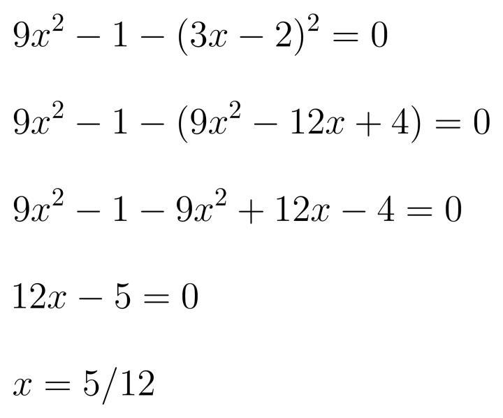 Find the root of the equation. 9x^2-1-(3x-2)^2=0-example-1