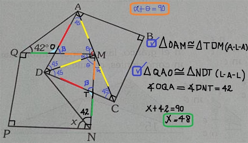 If ABCD and MNPQ are squares, where M is the center of the first. Calculate x-example-1