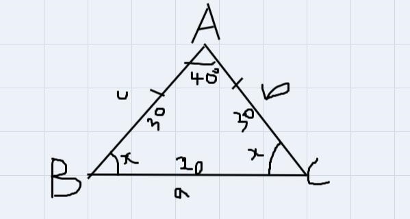 A triangle has side of length a = 20 inches, b = 30 inches and c = 30 inches.Find-example-1