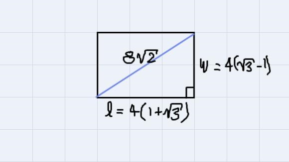 The diagonal of a rectangle measures 8√2 inches. If the width is 8inches less than-example-2