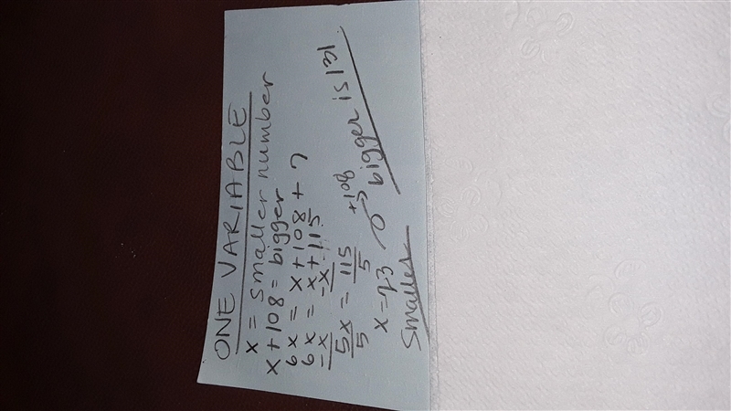 The difference between two numbers is 108. Six times the smaller is equal to 7 more-example-1