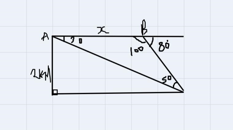 An aircraft 2 km high from the ground. Calculate the plane's speed v. from A to B-example-1