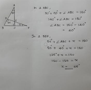 If y= 50 degrees and z=85 degrees, then x in degree is=? the answer will be 55 degrees-example-1