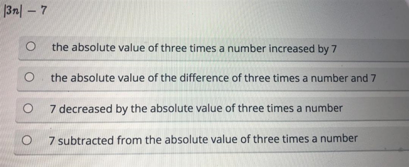 Which statement correctly describes this expression?321 - 7the absolute value of three-example-1