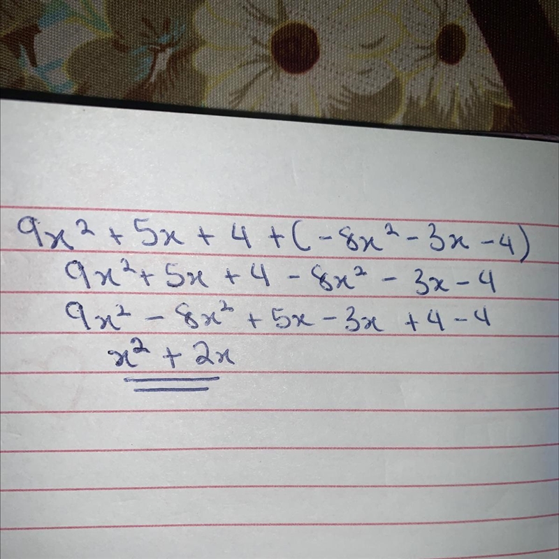 F(x) = 9x² + 5x +4 g(x) = - 8x² - 3x - 4 Find (f + g)(x).-example-1