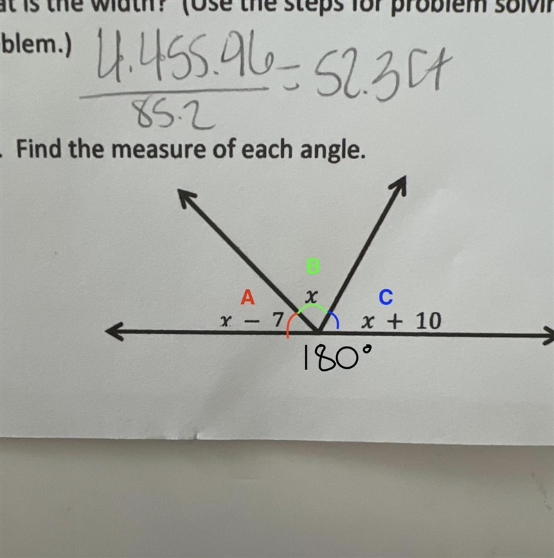 Find the measure of each angle. x - 7 X x + 10-example-1