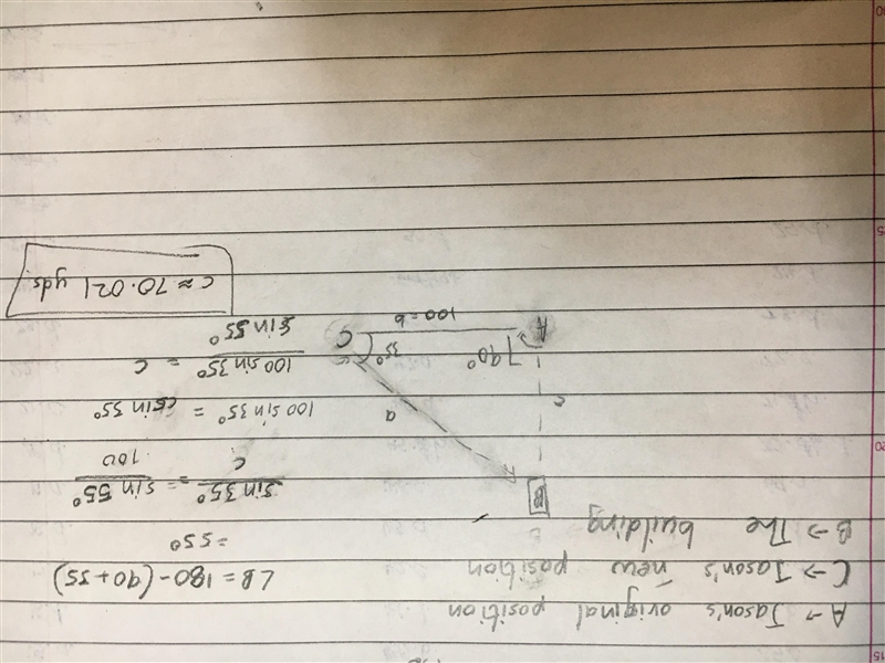 Jason sees a tall building from across town. He turns 90° and walks 100 yards. Jason-example-1