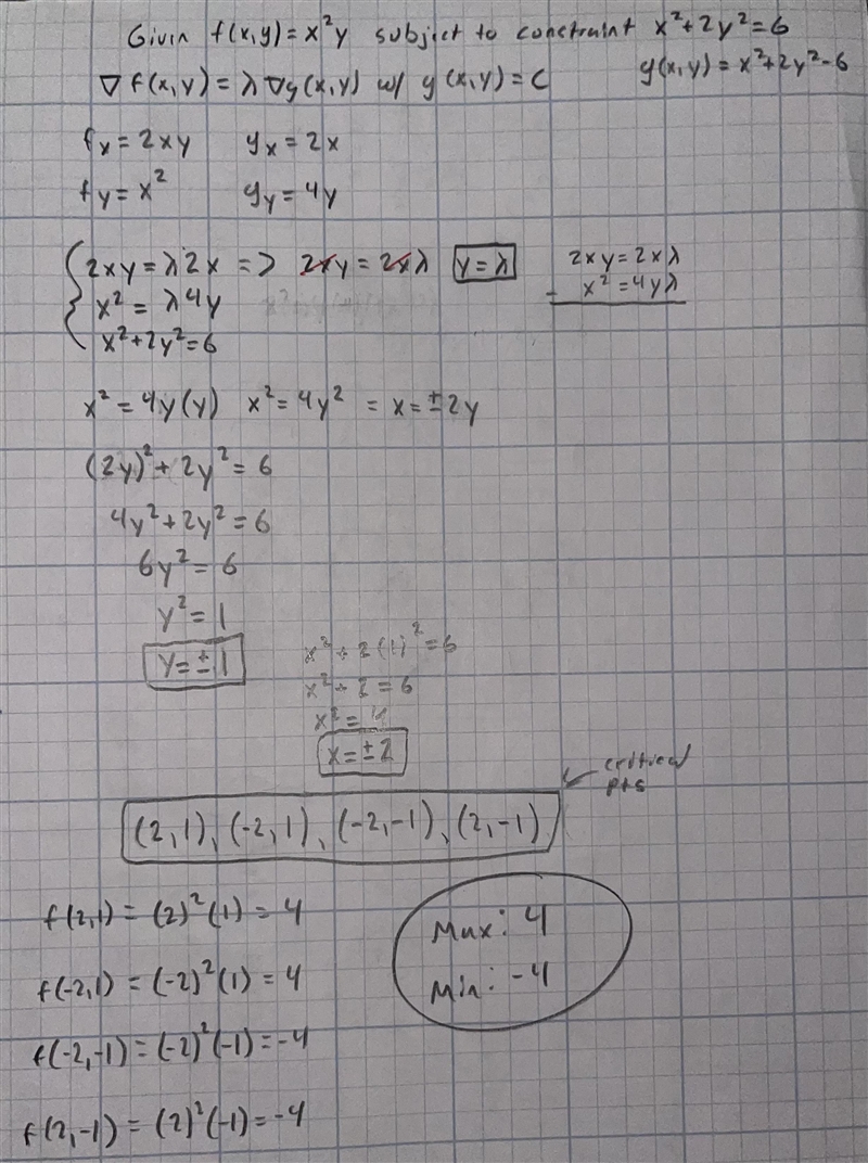 Use Lagrange multipliers to find the maximum and minimum values of the function subject-example-1