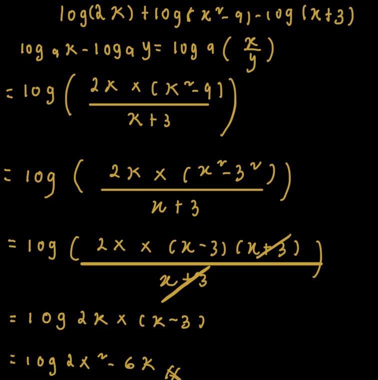 Condense the expression log 2x + log(x² - 9) - log x +3-example-1