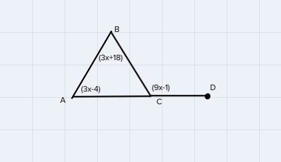 In AABC, AC is extended through point C to point D, mZBCD (9x – 1)', m ABC (3x + 18)°, and-example-1