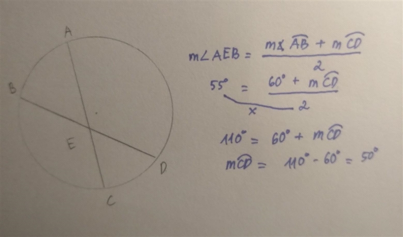 (b) In the figure below, m 2AEB= 55° and m AB = 60°. Find m CD. m CD =-example-1