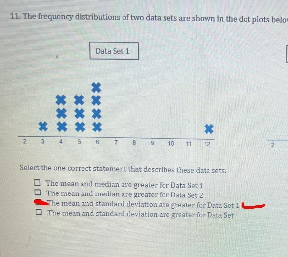 11. The frequency distributions of two data sets are shown in the dot plots below-example-1