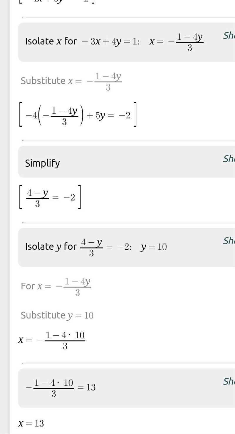 Solve this system using the substitution method. -3x + 4y = 1 -4x + 5y = -2-example-2