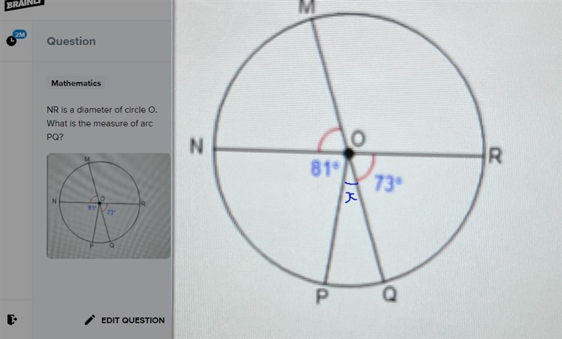 NR is a diameter of circle O. What is the measure of arc PQ?-example-1