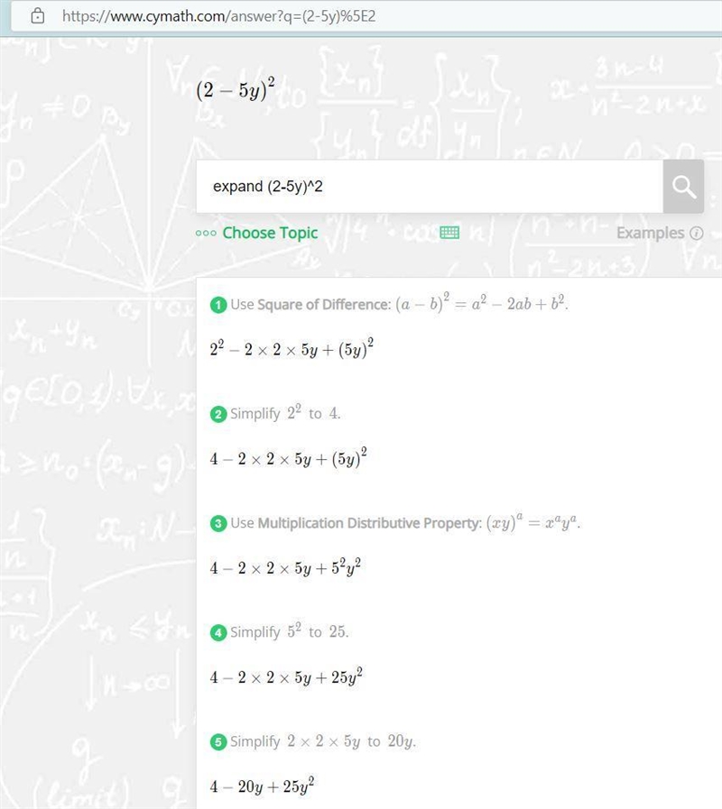 Rewrite without parentheses and simplify. (2-5y)²-example-1