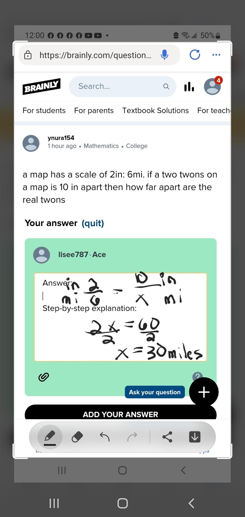 a map has a scale of 2in: 6mi. if a two twons on a map is 10 in apart then how far-example-1