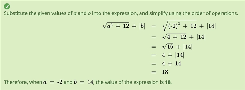 Consider the expression Va2 +12 + b When a = -2 and b = 14. What is the value of the-example-1