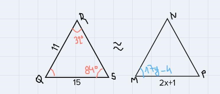 IF AQRS = AMNP, OR = 11, QS = 15, MP = 2x + 1, mZS = 84, mZR = 32', and mZM = (17y-example-1