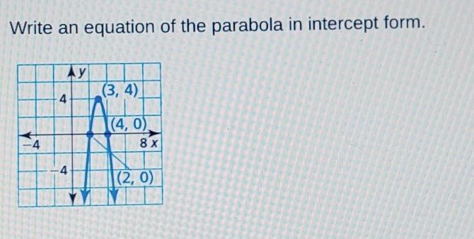 Write an equation of the parabola in intercept form. (3, 4) (4, 0) (2, 0) An equation-example-1