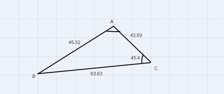 Find the measure of angle ASolve the right triangle. a=63.63 mi, b= 43.59 mi, C= 45.4 degrees-example-2