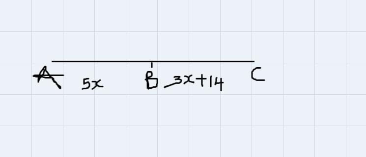 Point B is the midpoint of segment ACIf AB=5x and BC=3x+14, find x and the length-example-1