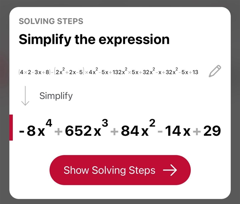 What is the simplified form of this expression? (4x2-3x+8)-(2x² + 2x - 5) 4x²-5x + 13 2x-example-1