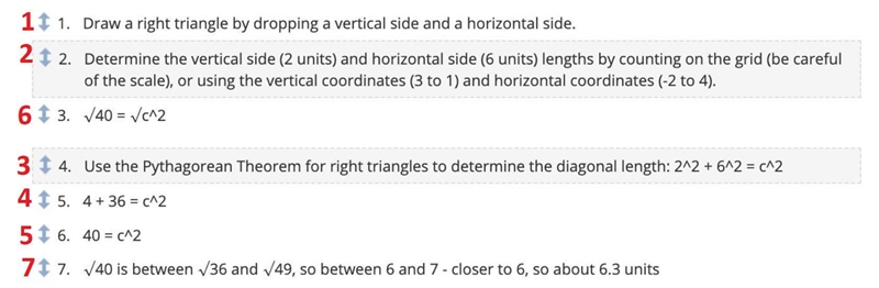 Put the steps in order to find the distance between these-example-1