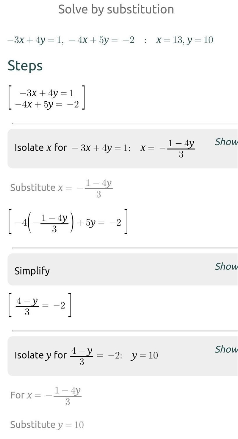 Solve this system using the substitution method. -3x + 4y = 1 -4x + 5y = -2-example-1