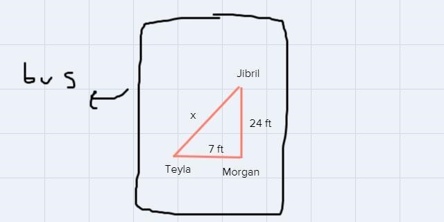 Three people are sitting on a bus. Morgan is seated 24 feet directly behind Jibril-example-1