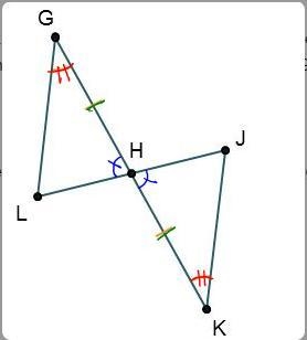 Triangles G H L and K H J are connected at point H. Angles Angles L G H and H K J-example-1