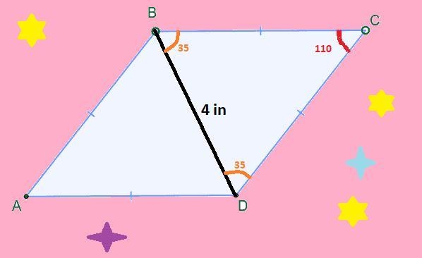 One angle of a rhombus measures 110, and the shorter diagonal is 4 inches long. How-example-1