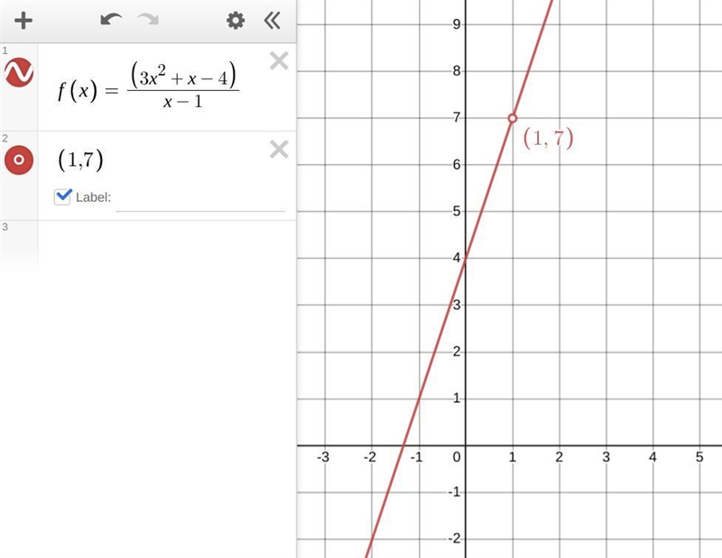 Given 3x^2+x-4/x-1 what are the domain and range-example-1