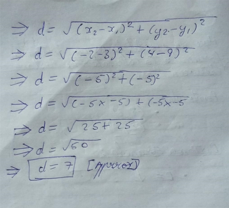 Find the distance between the two points in simplest radical form. (3,9) and (-2,4)-example-1