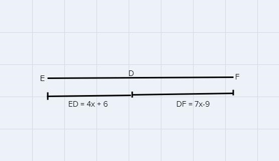 D is the midpoint of EF.ED = 4x + 6DF = 7x -9Find EF if x = 5-example-1