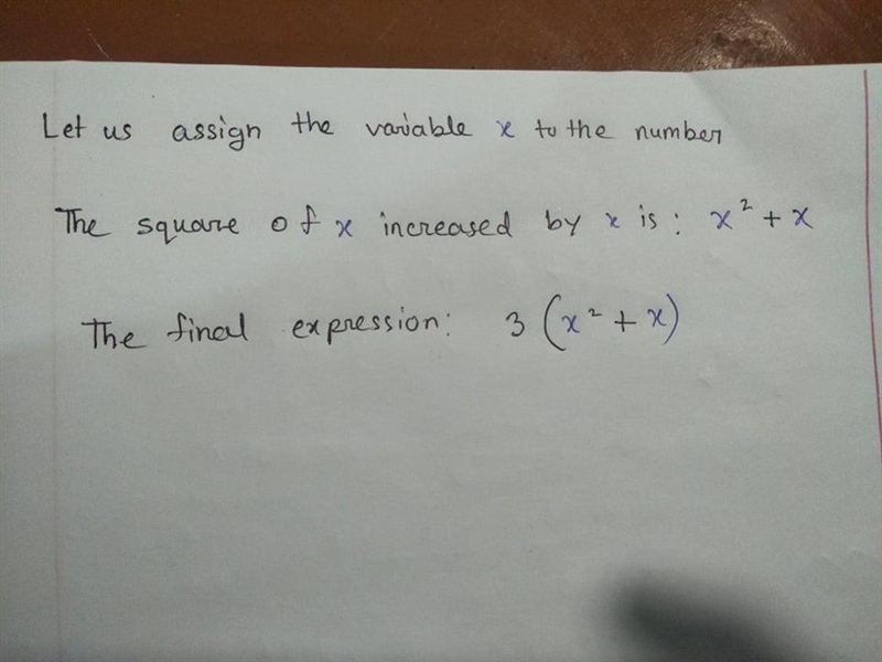 How to Write the product of 3 and the square of a number increase by that number in-example-1