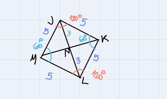 The rhombus below NL=3, KL=5, and angle JML=60° find angle JLK-example-1