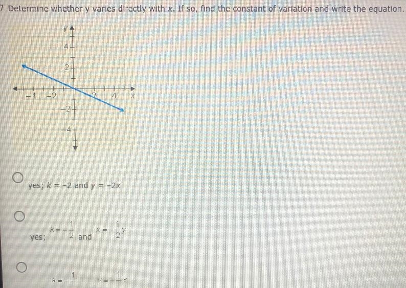 7. Determine whether y varies directly with x. If so, find the constant of variation-example-1