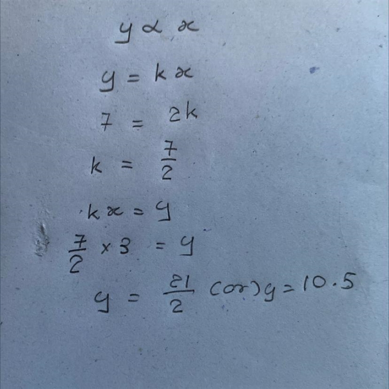 Y varies directly as x. If y = 7 when x = 2, find y when x = 3.-example-1