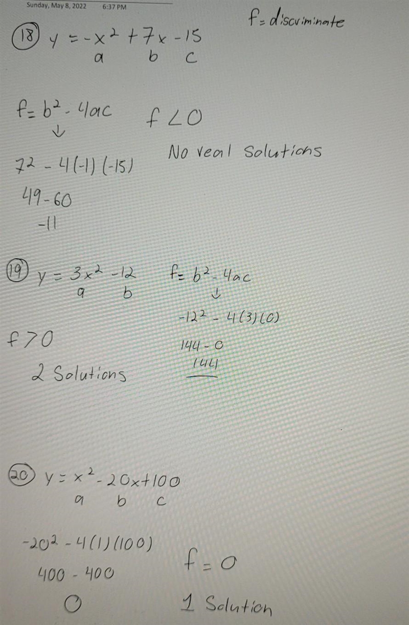 Find the discriminant of each equation. Then, determine the number of solutions. NEED-example-1