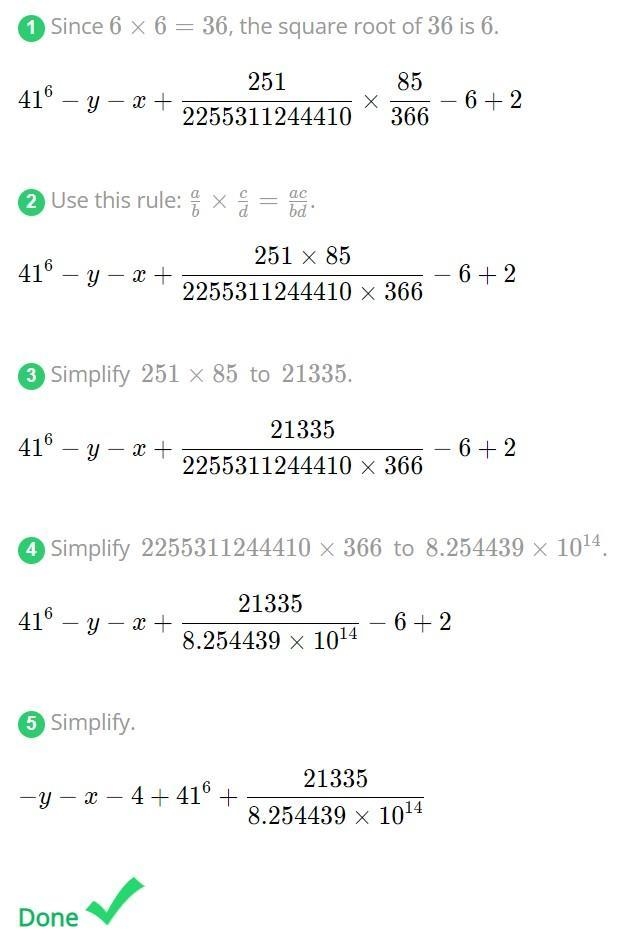 12345678912345678900{41}^(6) - y - x + 251 / 2255311244410 * (85)/(366) - \sqrt[014]{36} + 2Boot-example-1