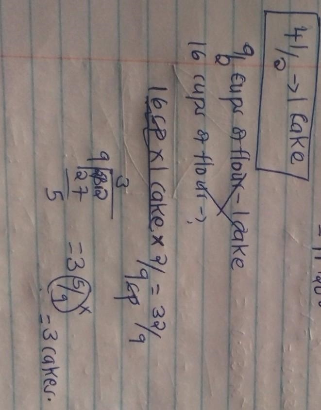 A cake recipe requires 4 and one-half cups of flour to make 1 cake. How many cakes-example-1