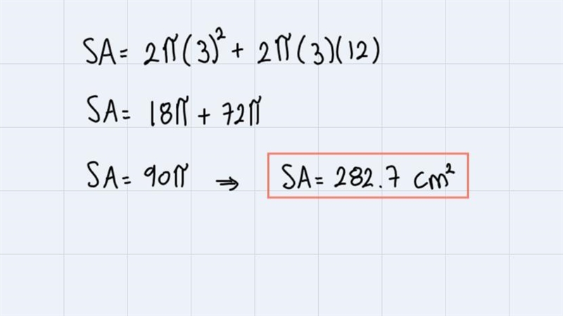 Find the surface area of this cylinder.Round to the nearest tenth.SA = [?] cm²-example-2