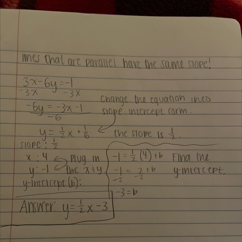 - Find an equation of the line that is parallel to 3x-6y=-1 and passes through (4,-1) write-example-1