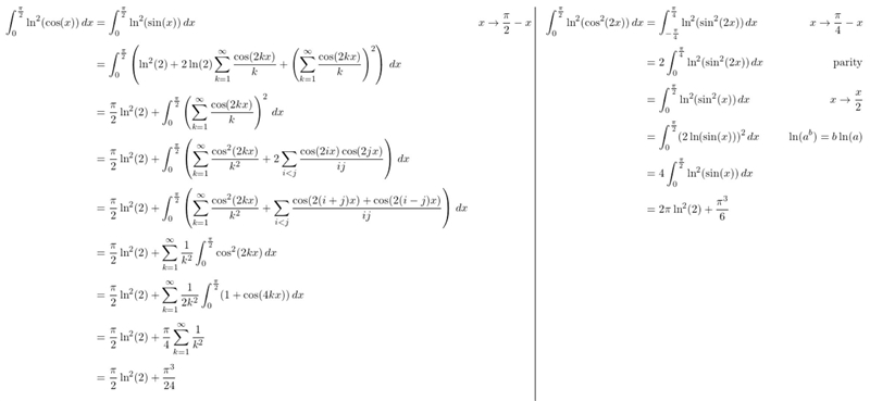 \red{ \rm\int\limits_(0)^{ (\pi)/(2)} l {n}^(2) \bigg( \frac{ {e}^{ - {x}^(2) } }{ \cos-example-4